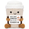 Handmade crochet potato doll with brown body and white hat holding a card that says words cannot espresso how much you mean t