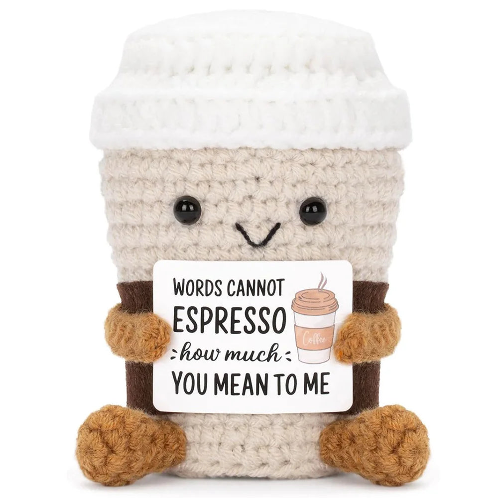 Handmade crochet potato doll with brown body and white hat holding a card that says words cannot espresso how much you mean t