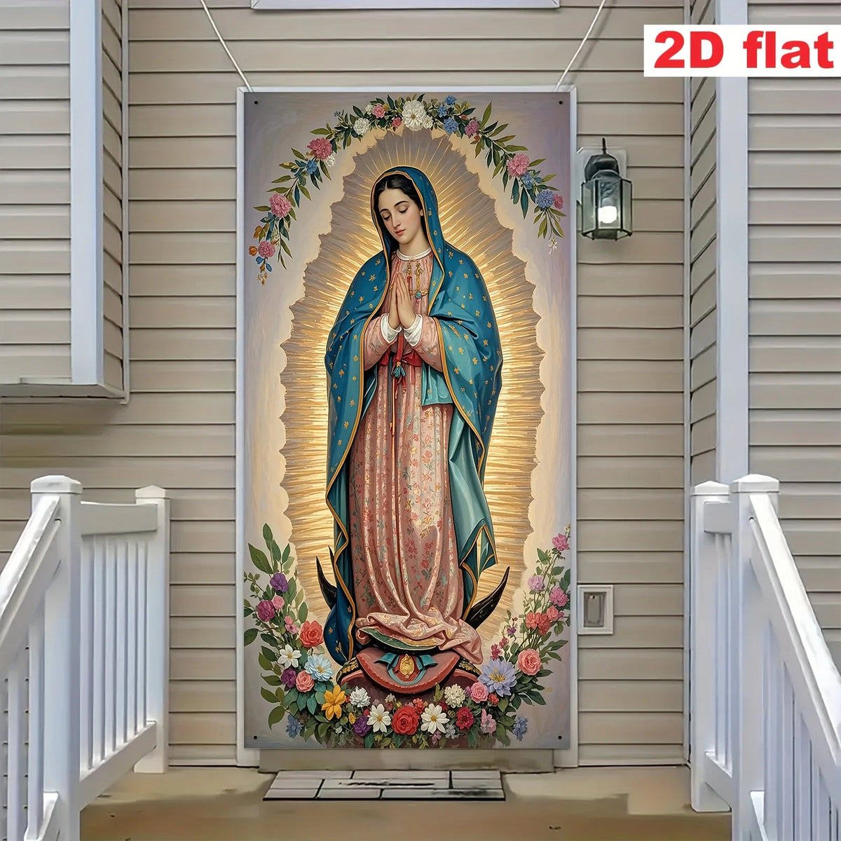 Guadalupe Madonna Religious Wall Art Gate Flag with Golden Halo and Floral Design