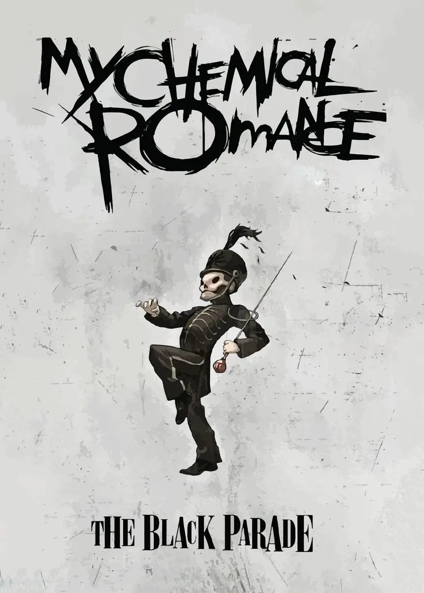 A black and white graphic featuring a skull-like figure in a suit, with the band name My Chemical Romance and the title The B