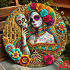 Vintage Day of the Dead Catrina Lady aluminum sign featuring a skull and floral design.