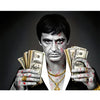 A dramatic portrait of an actor resembling Sean Combs, holding stacks of money with blood splatters.