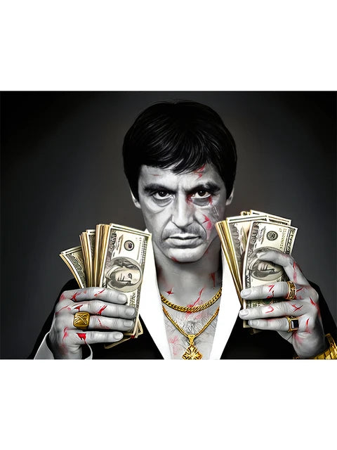 A dramatic portrait of an actor resembling Sean Combs, holding stacks of money with blood splatters.