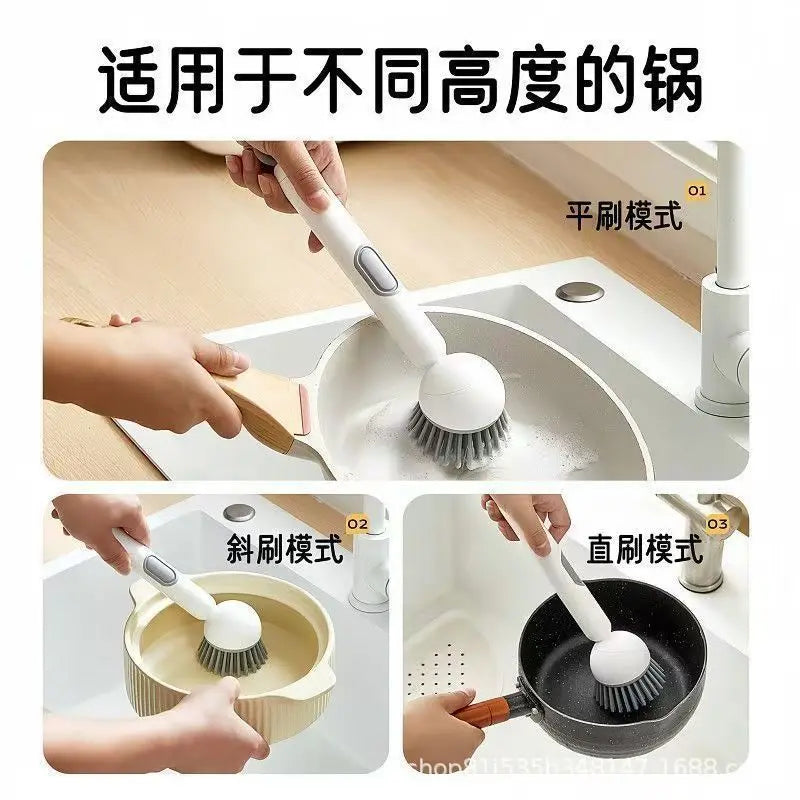 Three methods of cleaning dishes using an adjustable long-handled liquid washing brush for kitchen and dishwashing