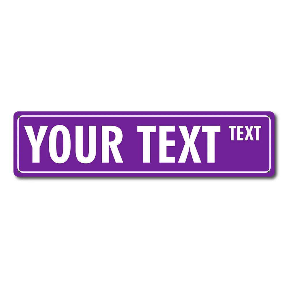 A purple rectangular sign with the text YOUR TEXT TEXT.