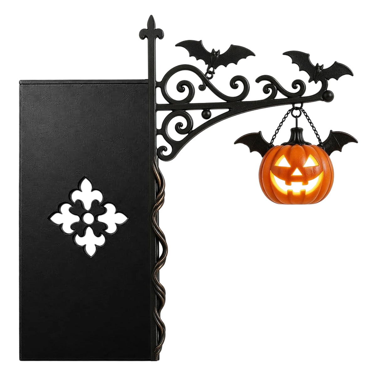 A black antique library lantern with a wrought iron bracket holding a carved pumpkin light.