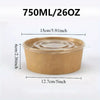 A disposable kraft paper lunch bowl with a clear lid, measuring 750ml or 26oz.