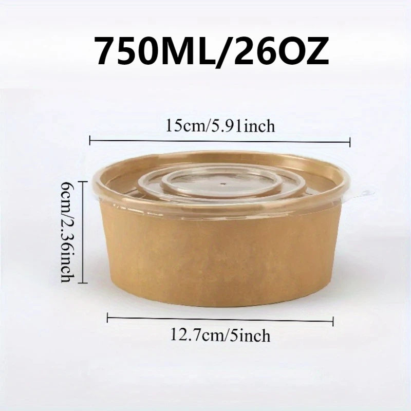 A disposable kraft paper lunch bowl with a clear lid, measuring 750ml or 26oz.