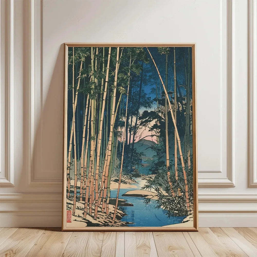 Frameless Japanese tree art canvas print featuring tall bamboo stalks and a blue landscape.