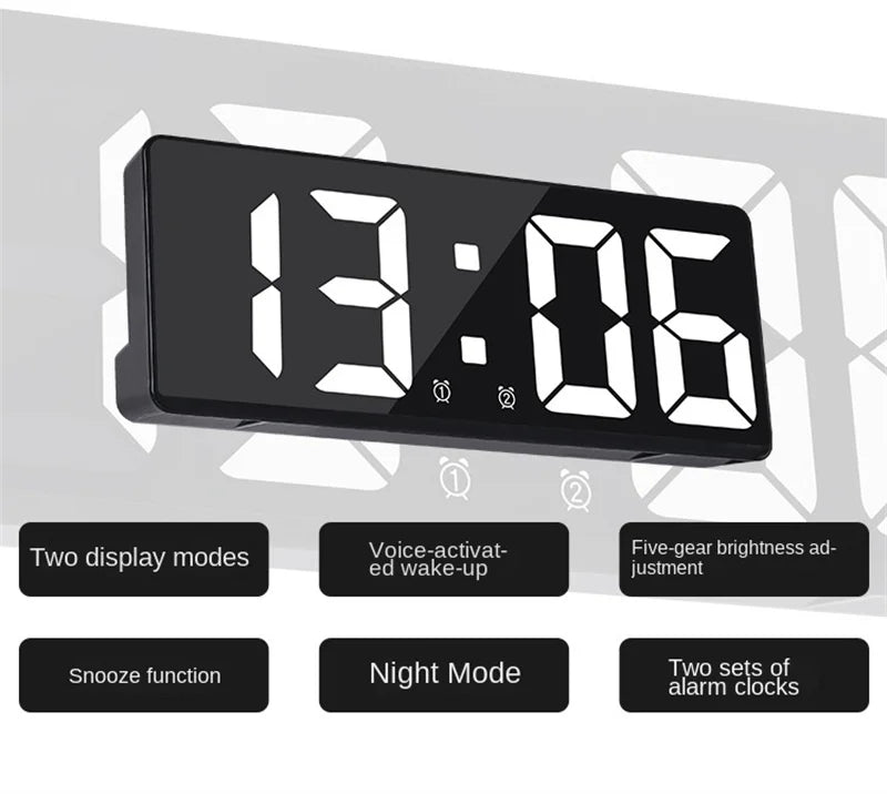 A black LED digital alarm clock display showing 13:06, with features like snooze function and night mode.