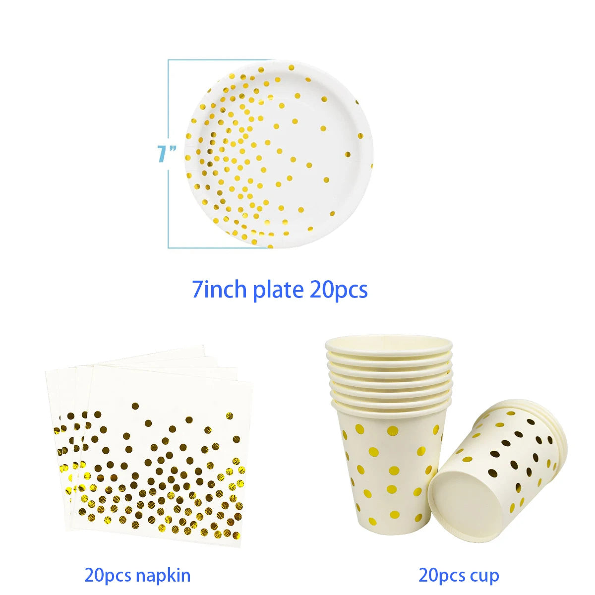 A set of white and gold disposable party tableware including a 7 inch plate, napkin, and cup with a dot pattern.