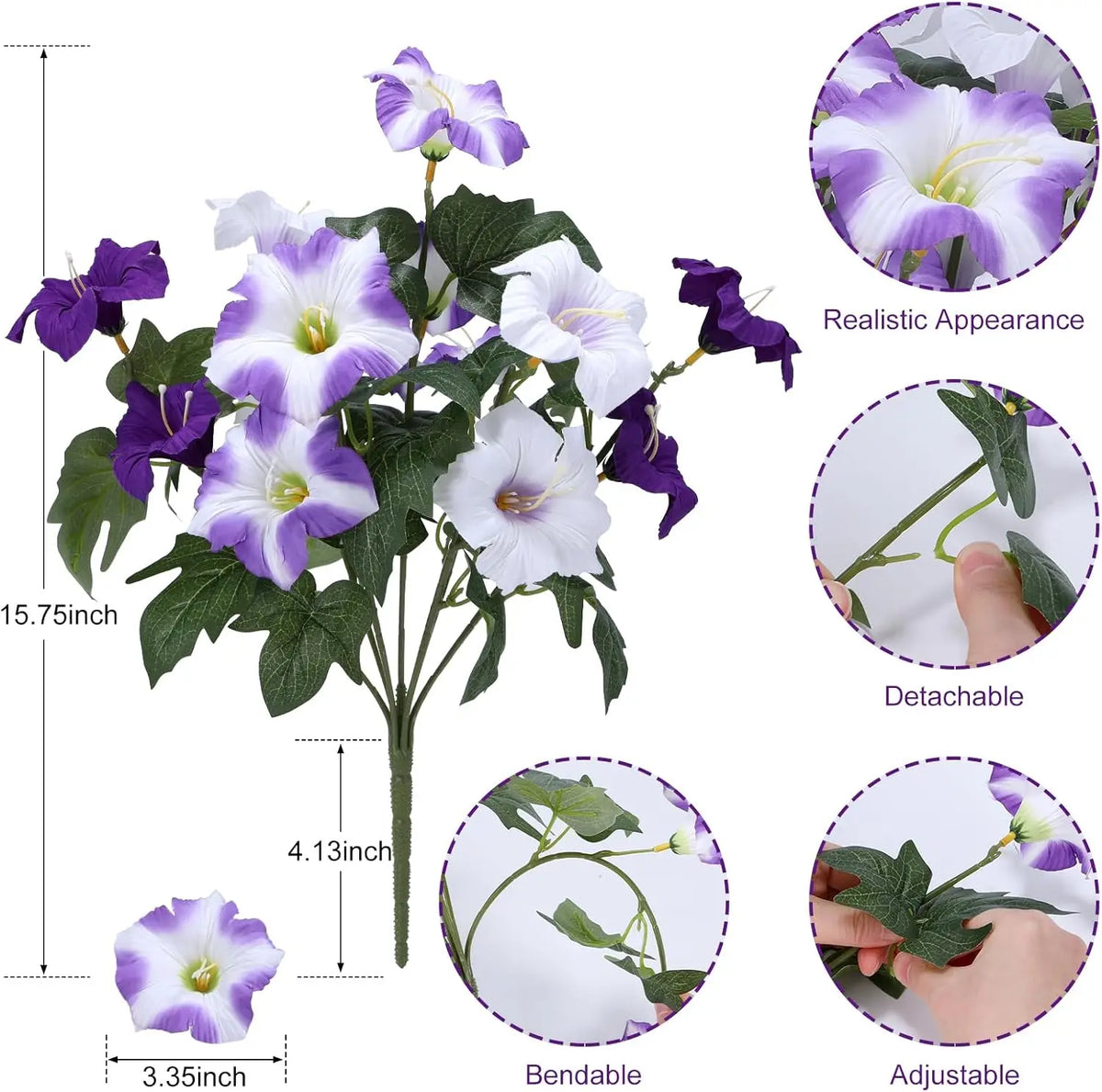 Artificial petunia flowers with purple and white petals on green vines, showing realistic appearance, detachability, bendabil