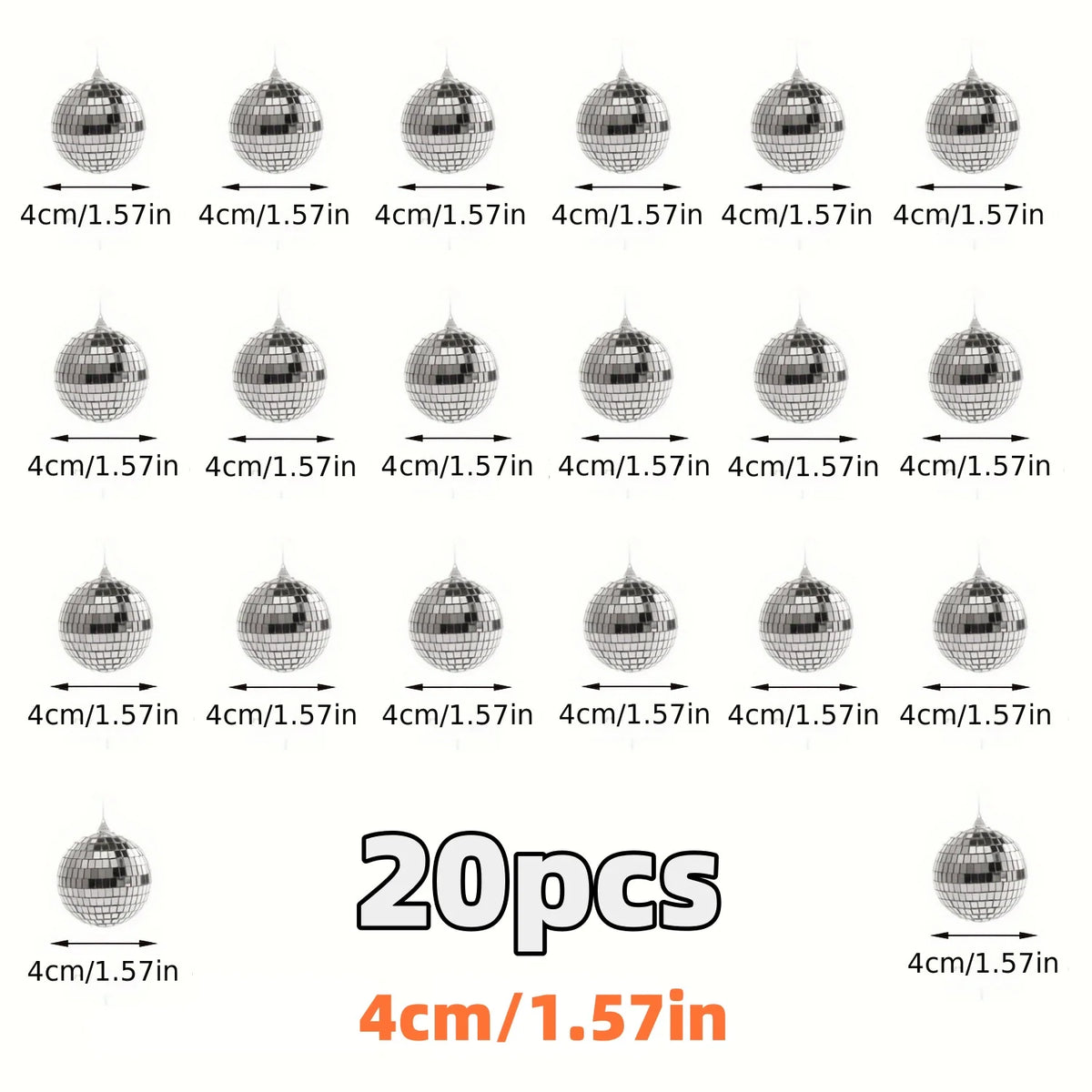 A set of 20 mini disco ball ornaments, each measuring 4cm by 1.57in.