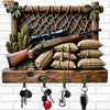 A vintage wooden key hook set displayed on a rustic wooden shelf with various keys hanging below.