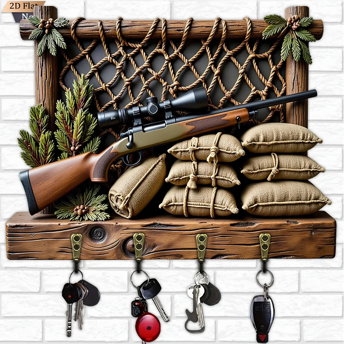 A vintage wooden key hook set displayed on a rustic wooden shelf with various keys hanging below.