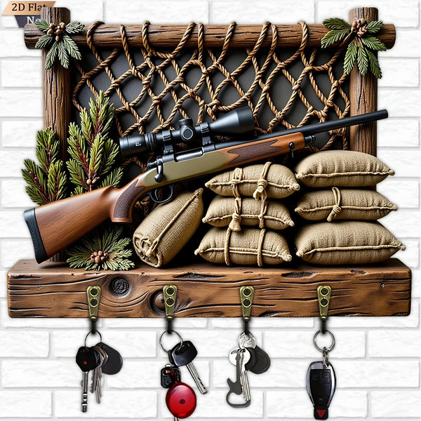 A vintage wooden key hook set displayed on a rustic wooden shelf with various keys hanging below.