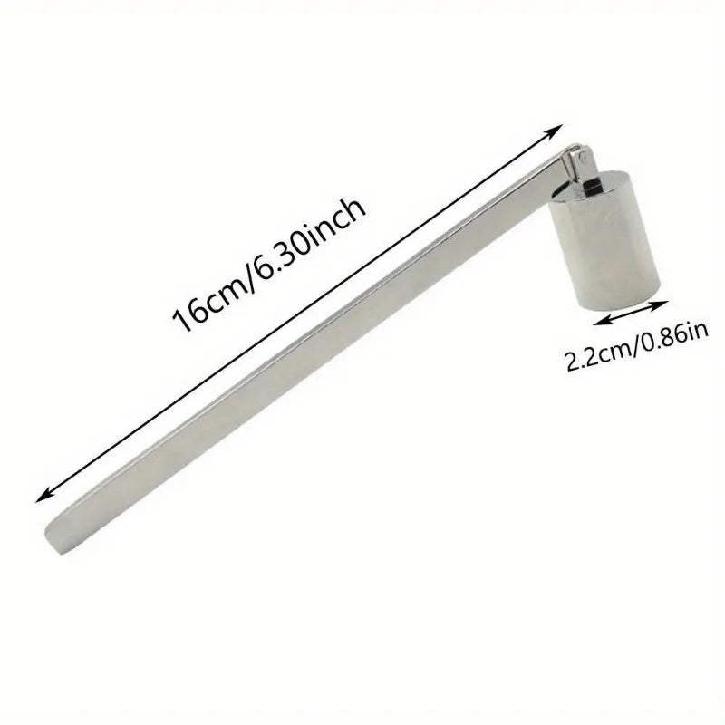 Stainless steel candle extinguisher tool with a long rod and a cylindrical head.