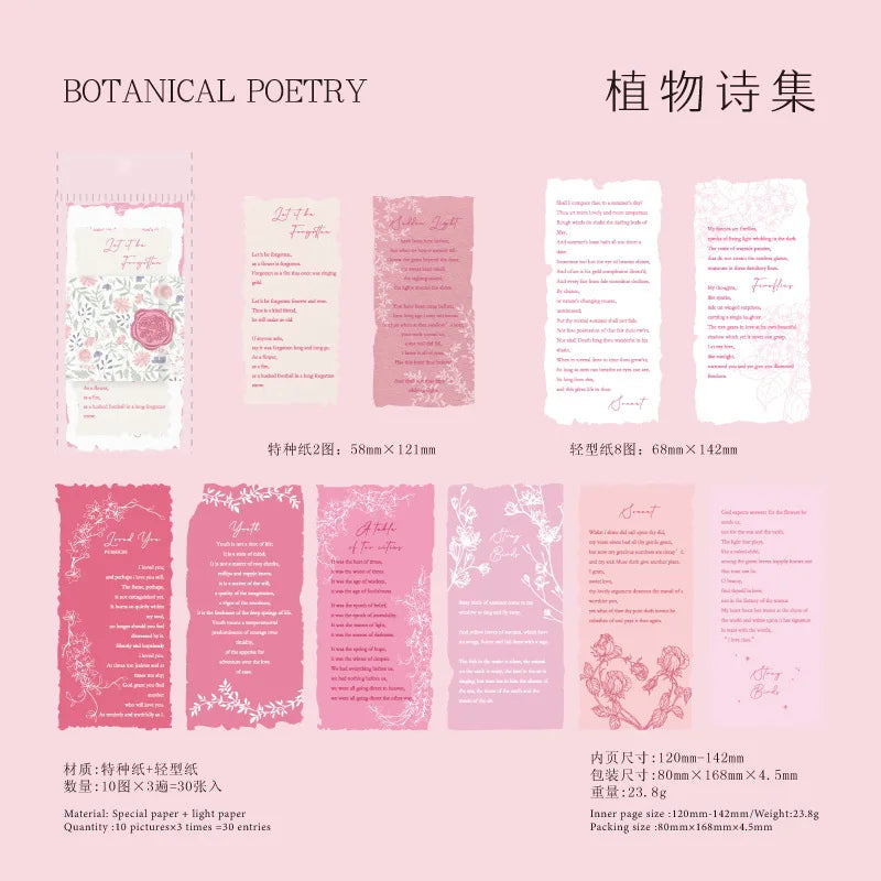 A set of botanical poetry decor paper featuring various sized and styled manuscript pages in shades of pink and cream.
