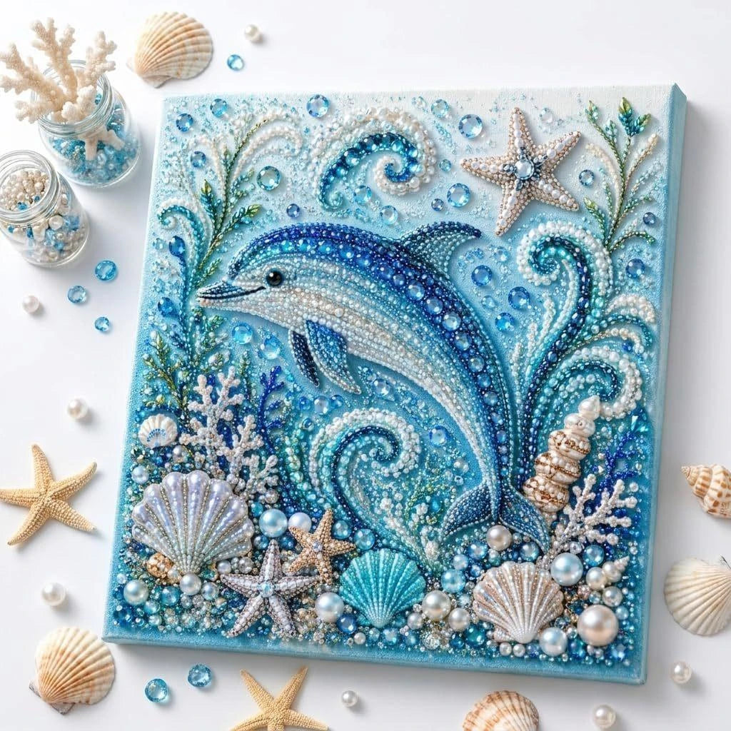 Kit de pintura de diamantes con un delfín azul y varias criaturas marinas sobre fondo transparente