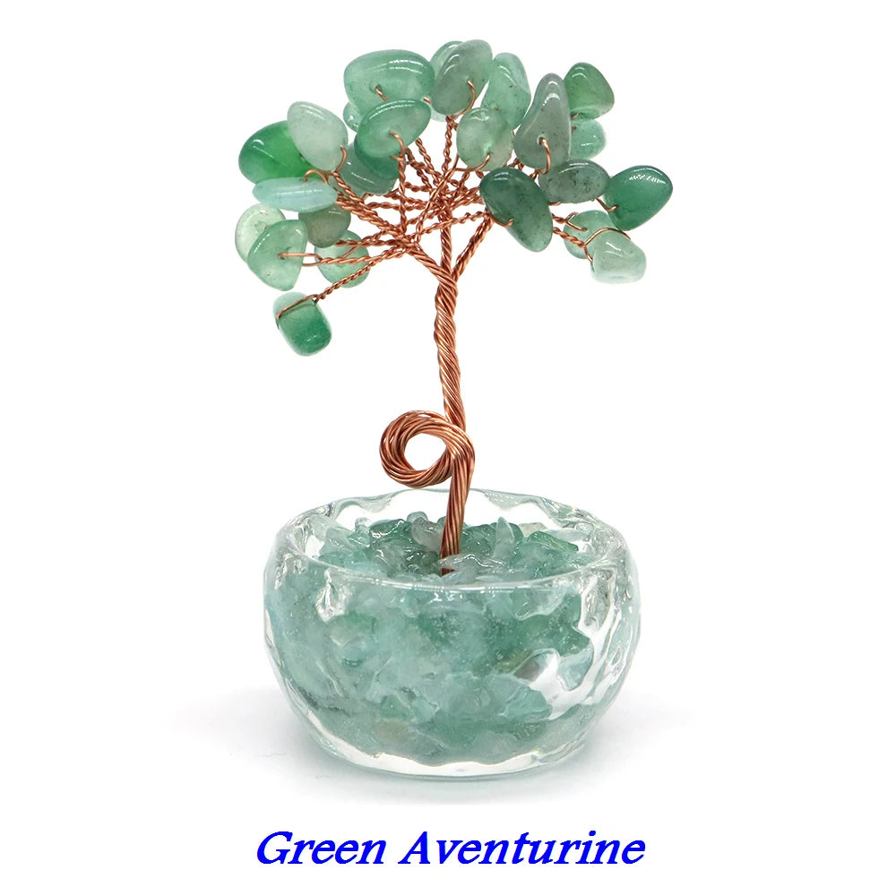 Green Aventurine crystal bonsai featuring a tree of green stones growing from a clear glass base