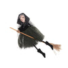 A scarecrow witch ornament featuring a burlap dress, black shawl, and straw broom.