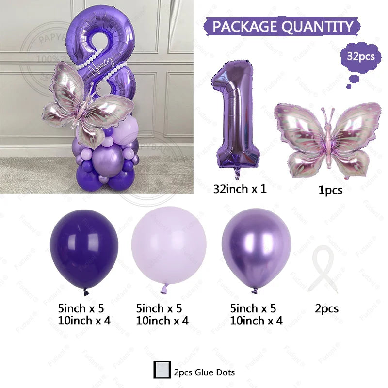 Globos de mariposa morada con número grande y diversos tamaños para fiestas