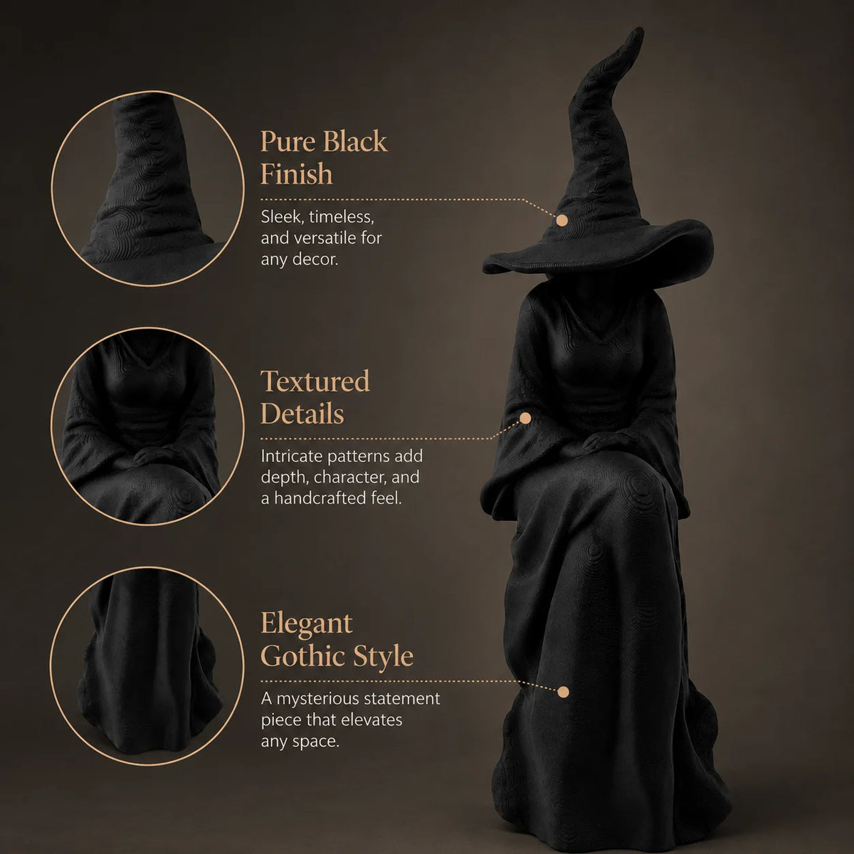 A black velvet witch figurine with a pointed hat and flowing cloak, showcasing pure black finish and textured details.
