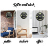 A black retro wall clock with a glowing face is shown in indoor, patio, and office settings.