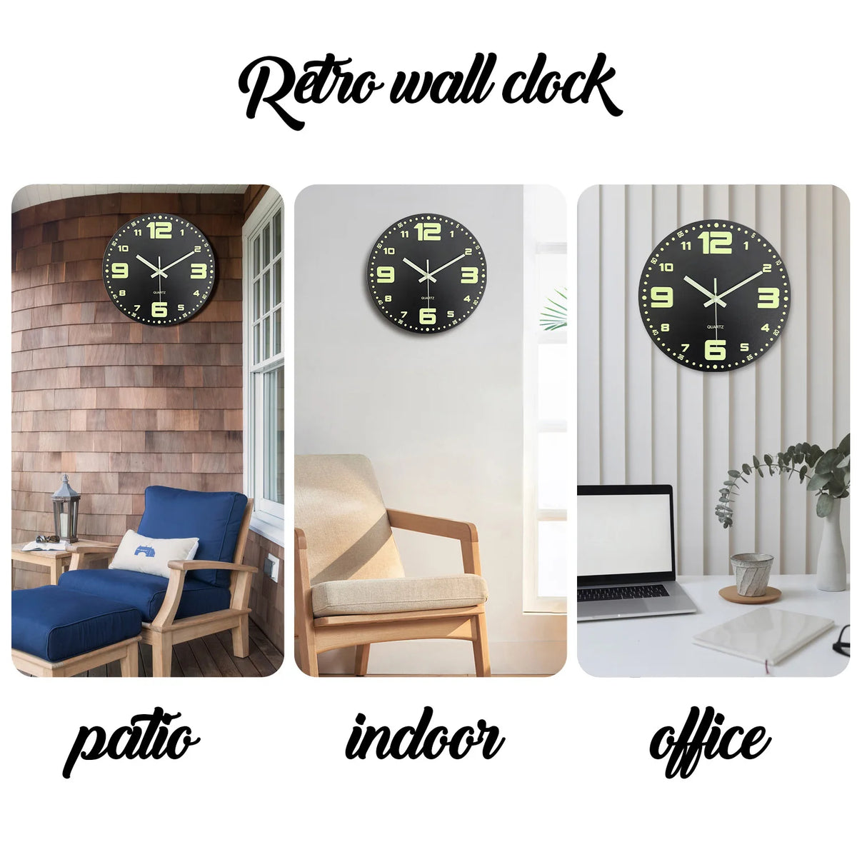 A black retro wall clock with a glowing face is shown in indoor, patio, and office settings.