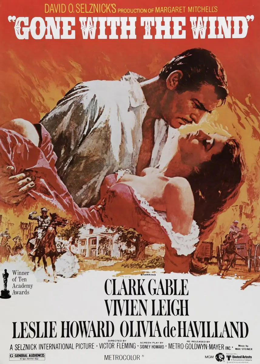 A vintage cinema art poster for Gone with the Wind featuring a dramatic scene of two figures.