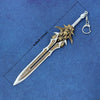 A detailed miniature collectible sword resembling a Katana with an ornate hilt and a decorative blade, shown against a blue b
