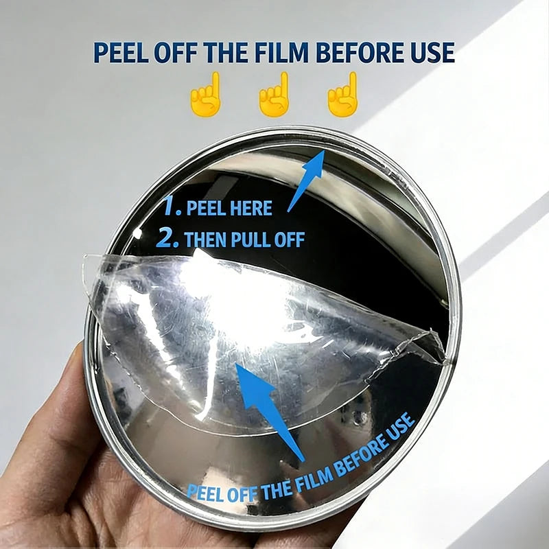 Instructions show how to peel off the film before use on a round convex mirror.