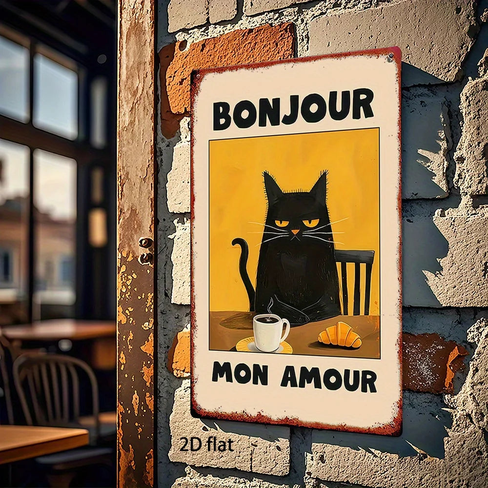 Panneau d'art mural vintage français avec le texte Bonjour Mon Amour, représentant un chat noir sur fond jaune.
