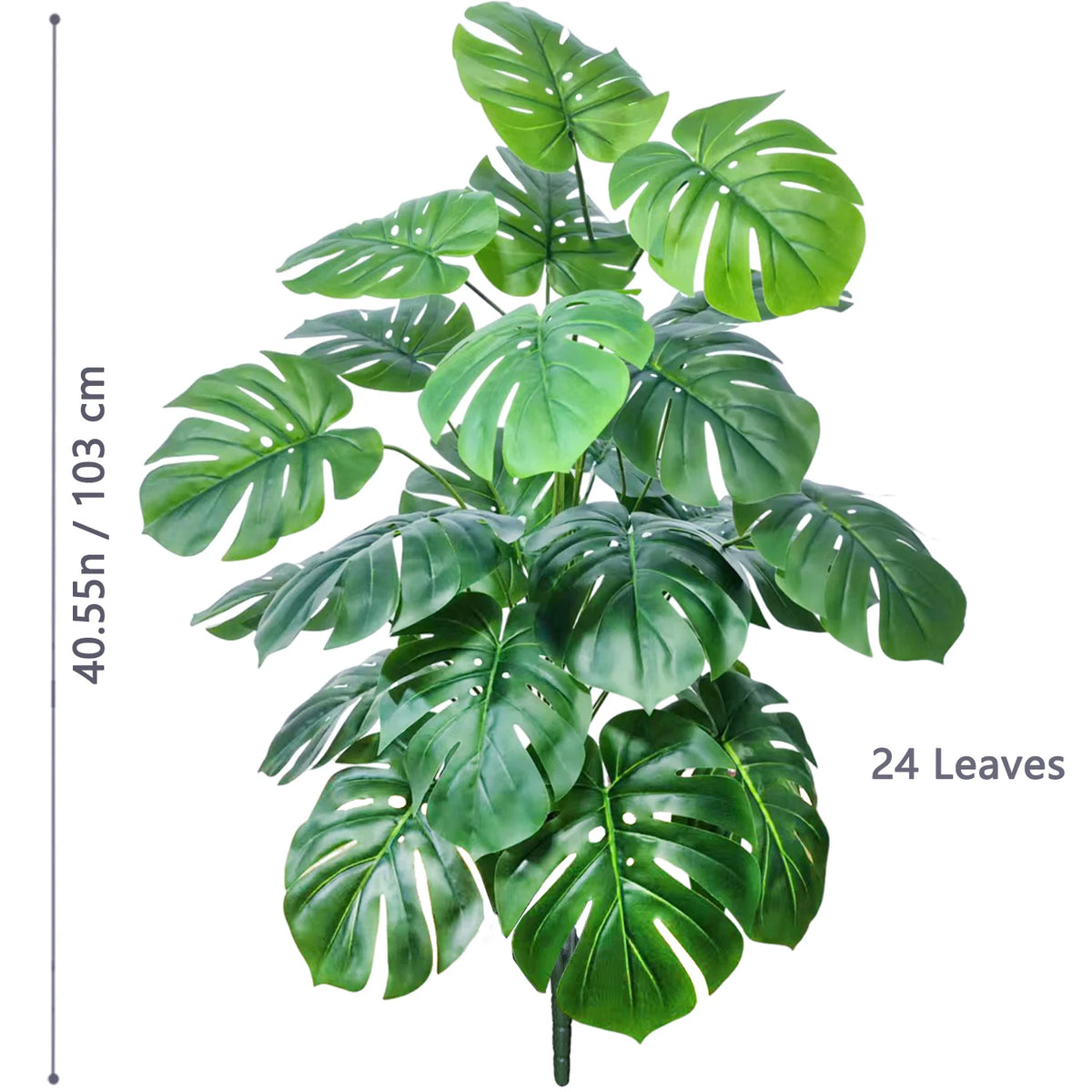 Artificial Monstera plant with 24 silk green leaves, measuring 40.55 cm tall.