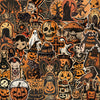 A dense collage of Halloween-themed retro graffiti stickers featuring skulls, pumpkins, bats, and spooky figures in orange an