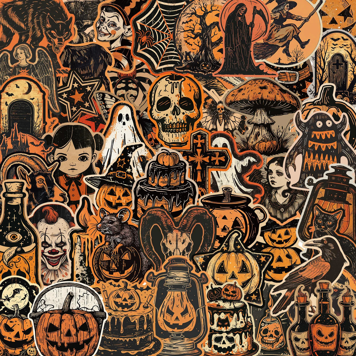 A dense collage of Halloween-themed retro graffiti stickers featuring skulls, pumpkins, bats, and spooky figures in orange an