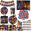 A collection of Five Nights at Freddy's birthday party supplies including decorations, figures, and themed items.