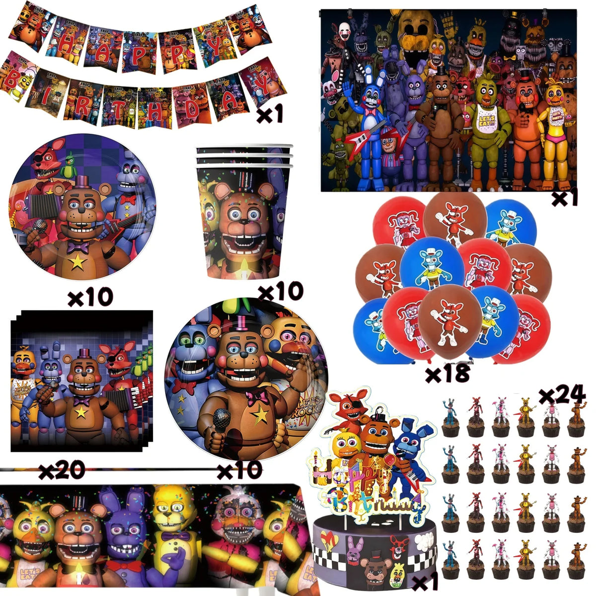 A collection of Five Nights at Freddy's birthday party supplies including decorations, figures, and themed items.