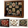 A wooden display case featuring multiple framed photos and figurines illuminated by LED lights.