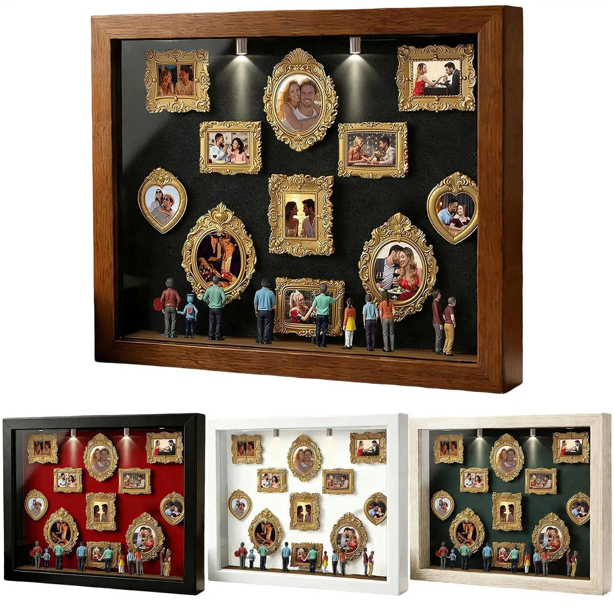 A wooden display case featuring multiple framed photos and figurines illuminated by LED lights.