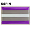 A rectangular lapel pin featuring horizontal stripes of purple, silver-gray, and white.