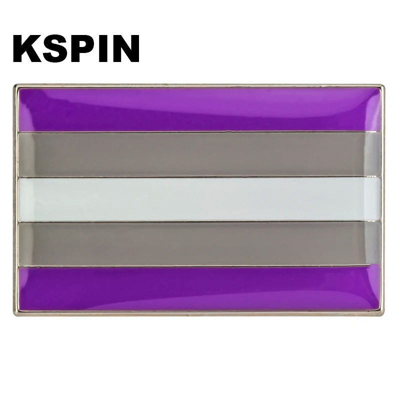 A rectangular lapel pin featuring horizontal stripes of purple, silver-gray, and white.
