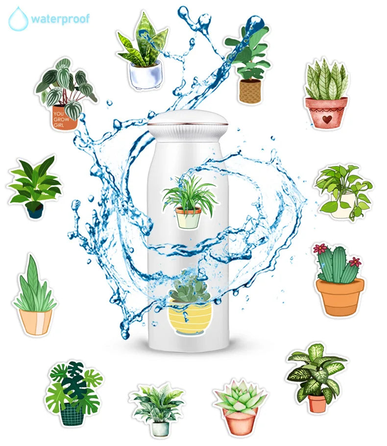 A collection of various potted plants and a spray bottle for DIY waterproof graffiti stickers.