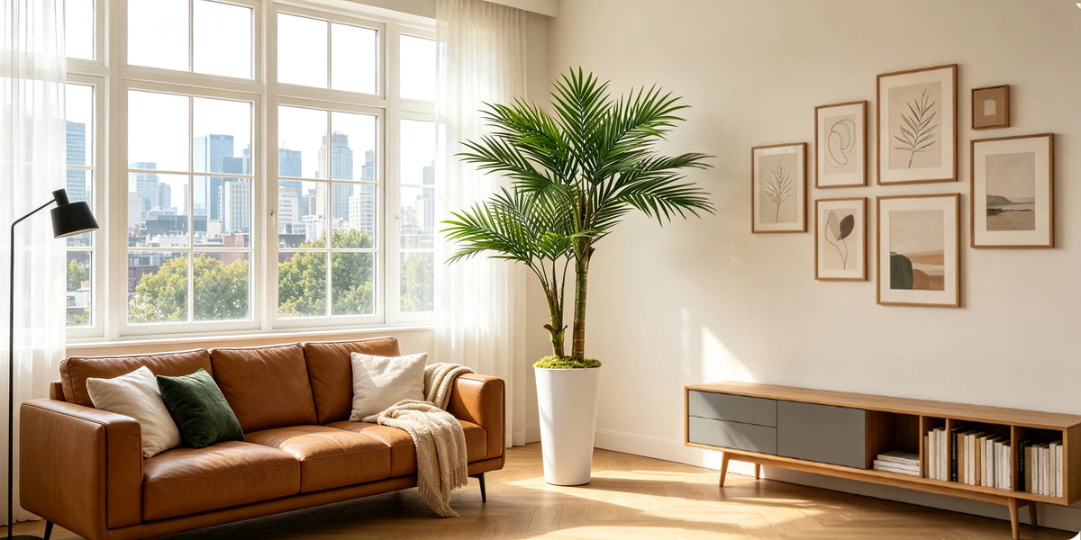 A large artificial areca palm tree in a white pot sits next to a brown sofa by a bright window.