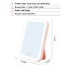 A white and pink touch screen LED vanity mirror shown from the side with dimensions.