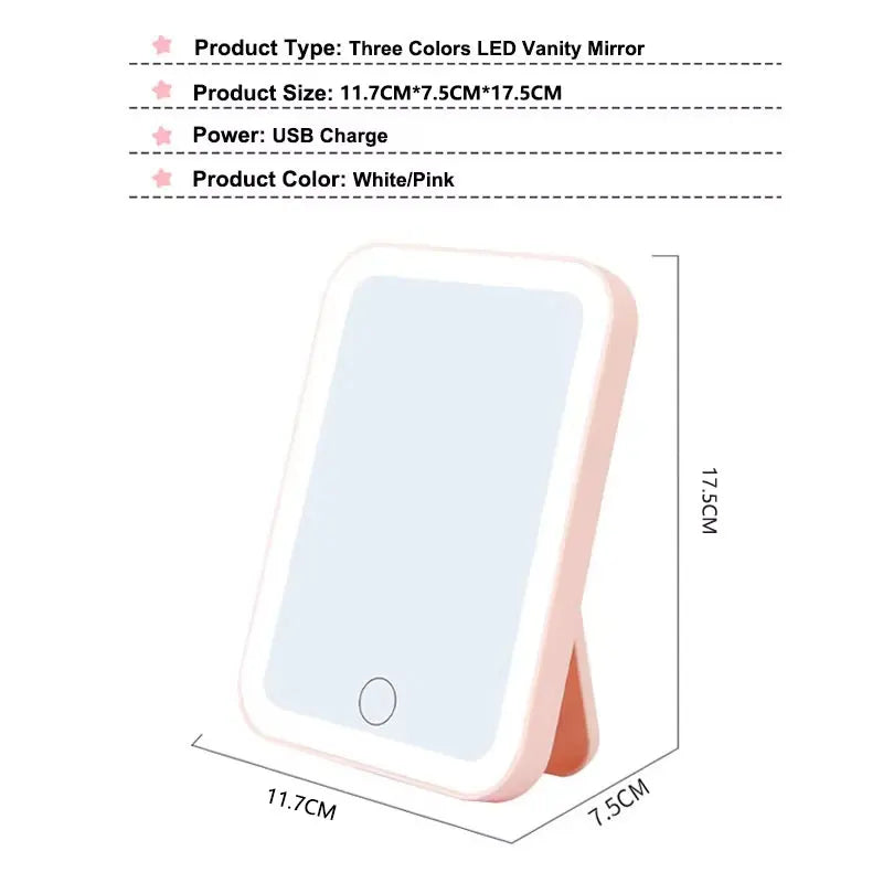 A white and pink touch screen LED vanity mirror shown from the side with dimensions.