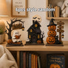 A set of six random style wooden Halloween block decor items including a witch house pumpkin and spooky elements
