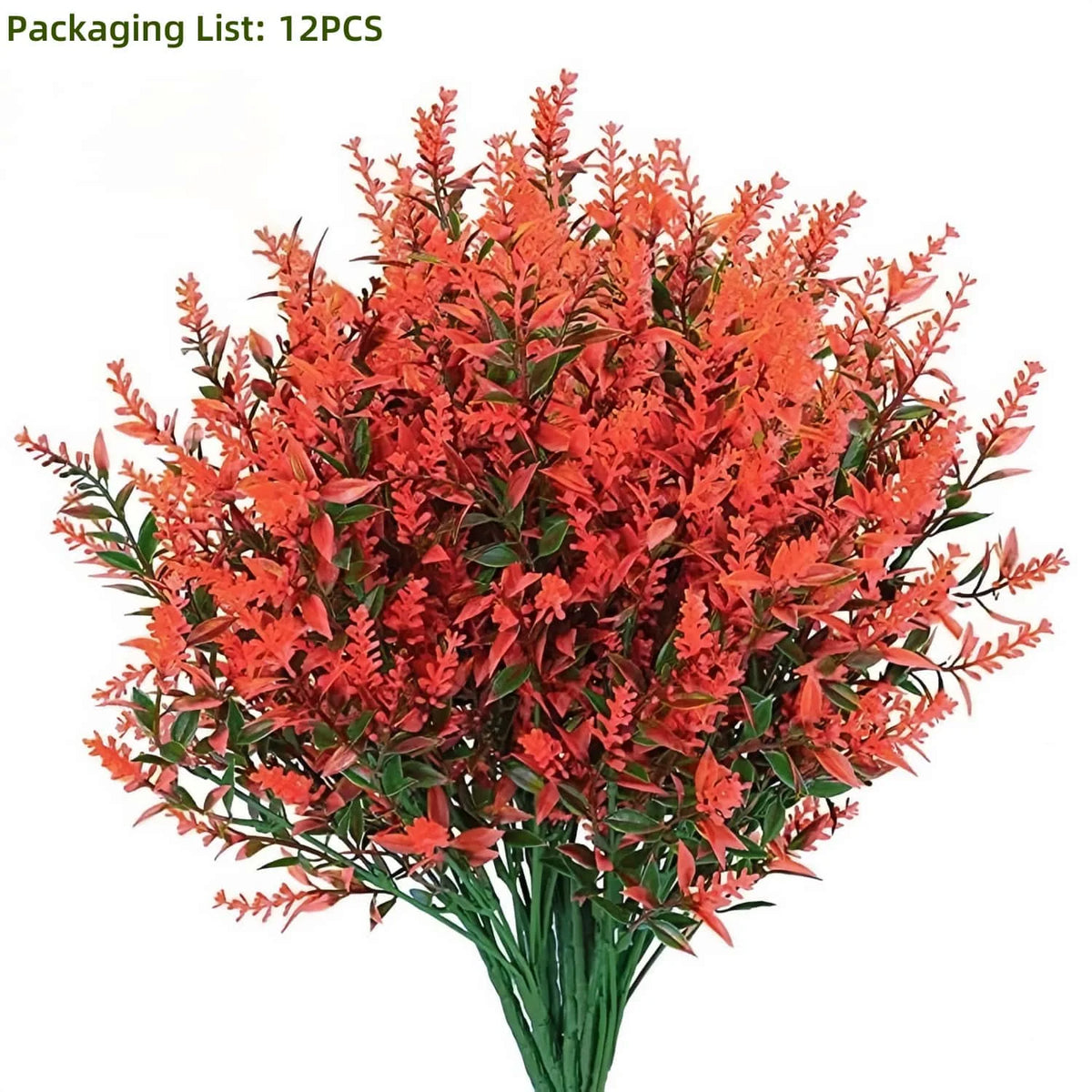 A bouquet of bright orange artificial lavender stems used for outdoor decoration.