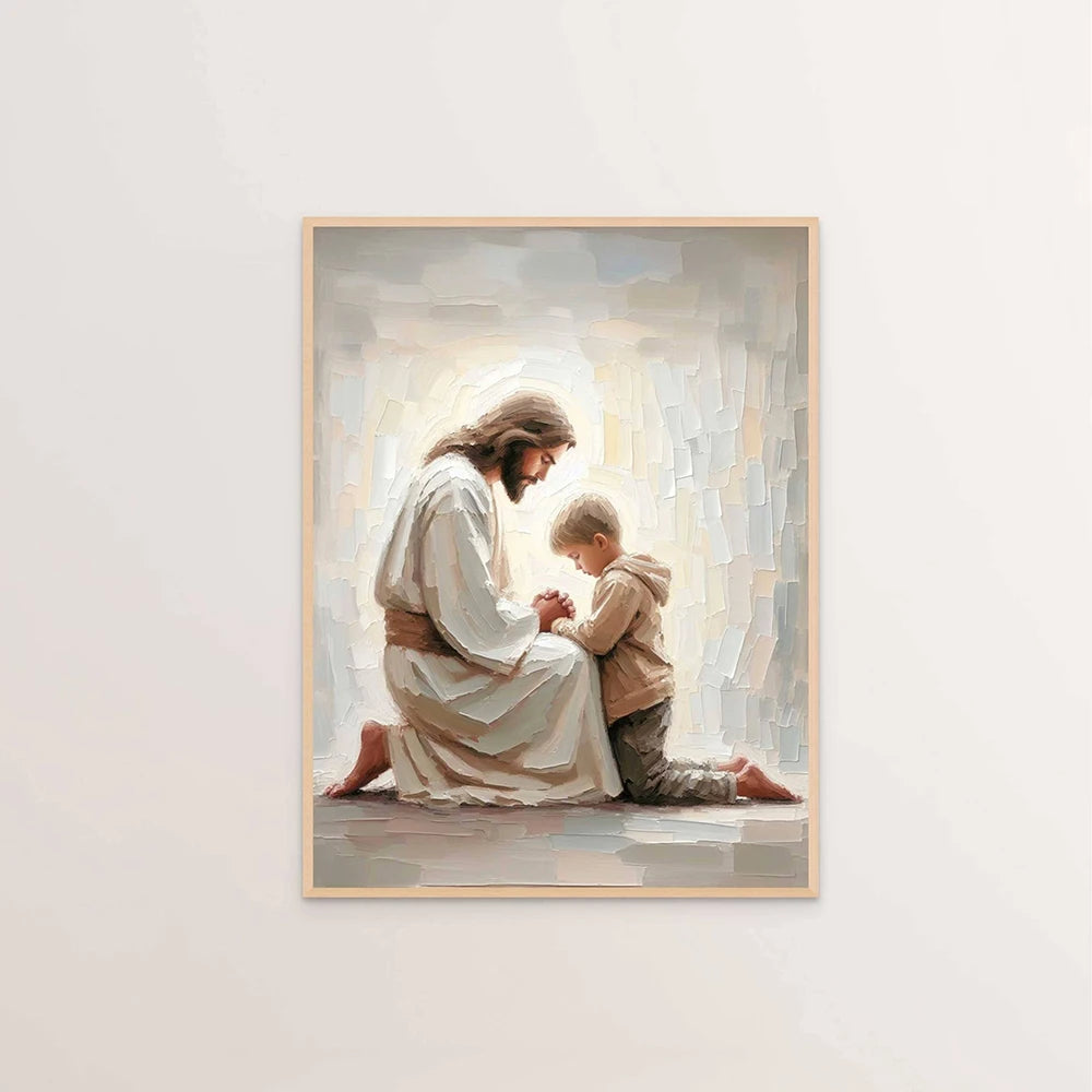 A painting depicting Jesus Christ and a young child in a soft, luminous style.