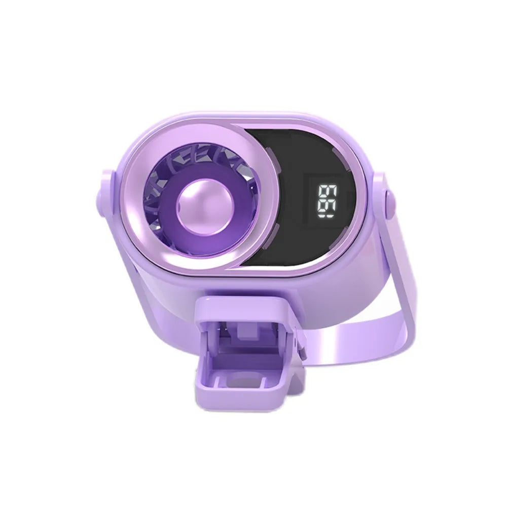 A purple clip-on mini electric fan with a circular grille and digital display is shown.